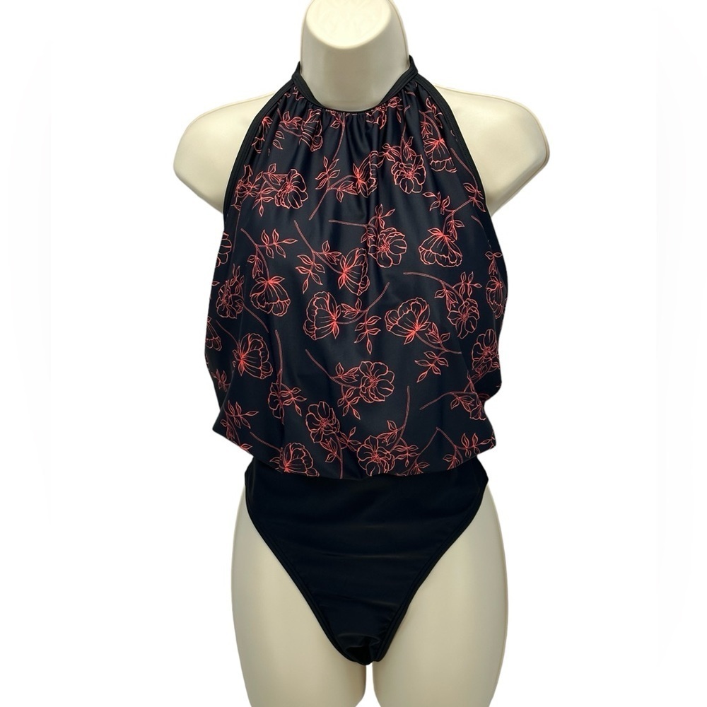 Calvin Klein Halter Floral Print One Piece Blouson Swimsuit - Black Red -size 14